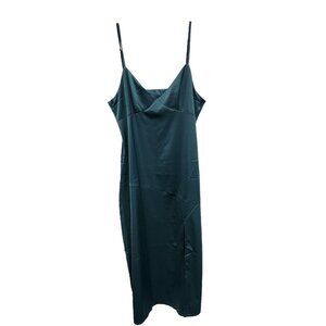 Diwidi Womens Maxi Slip Dress Large Emerald Green Slit Front Sleeveless Satin
